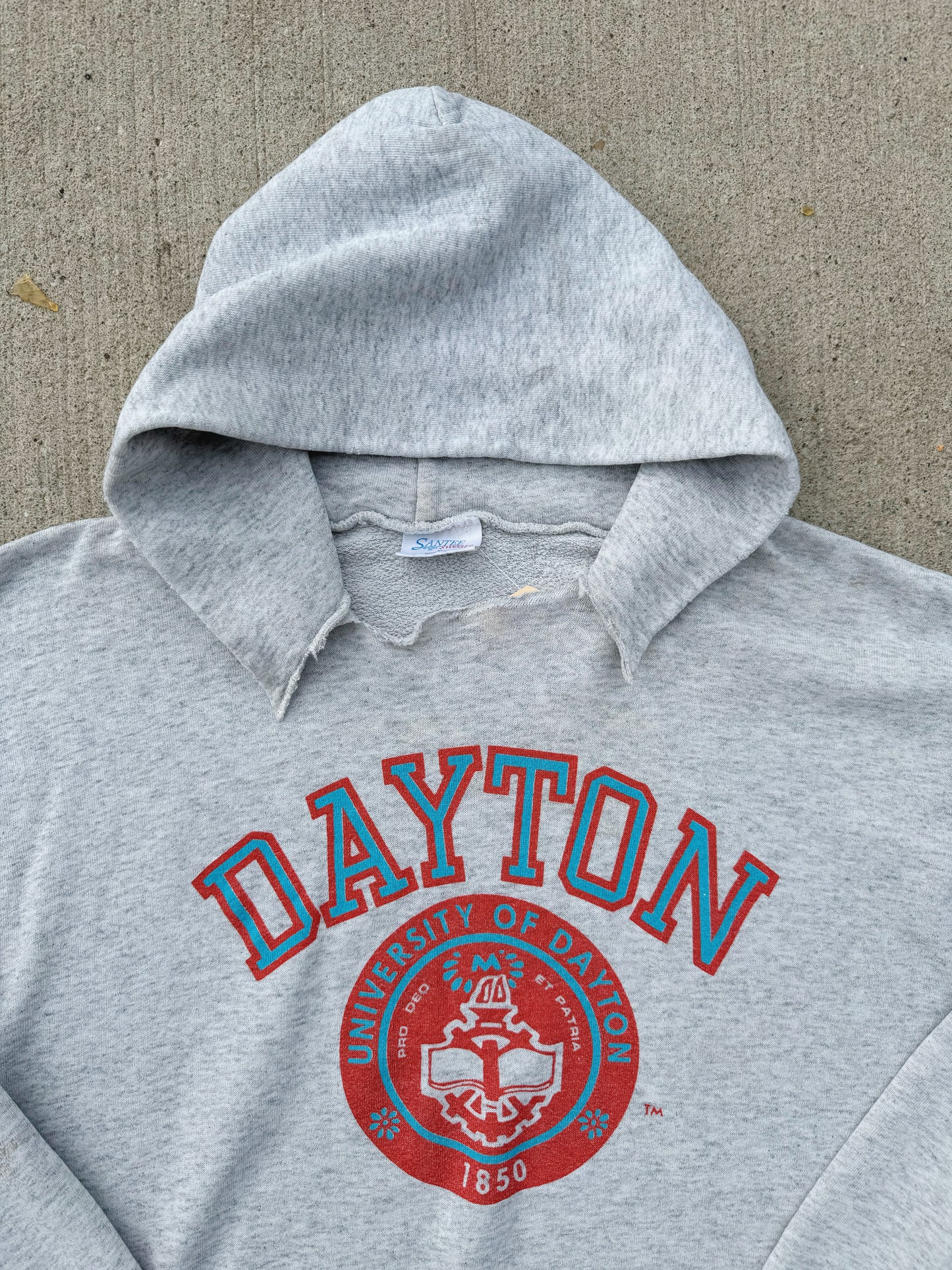 Vintage 1980s University of Dayton Worn Grey Hoodie Sweatshirt | L/XL