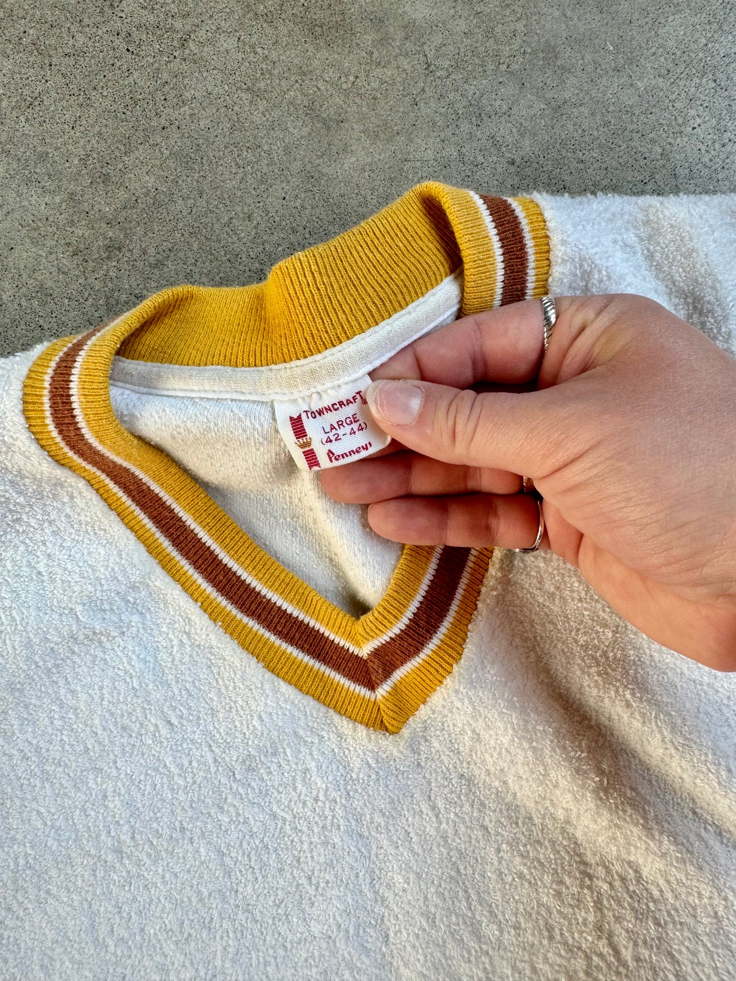 Vintage 1970s JCPenney White & Yellow Stripe Terrycloth V-Neck Shirt | Large