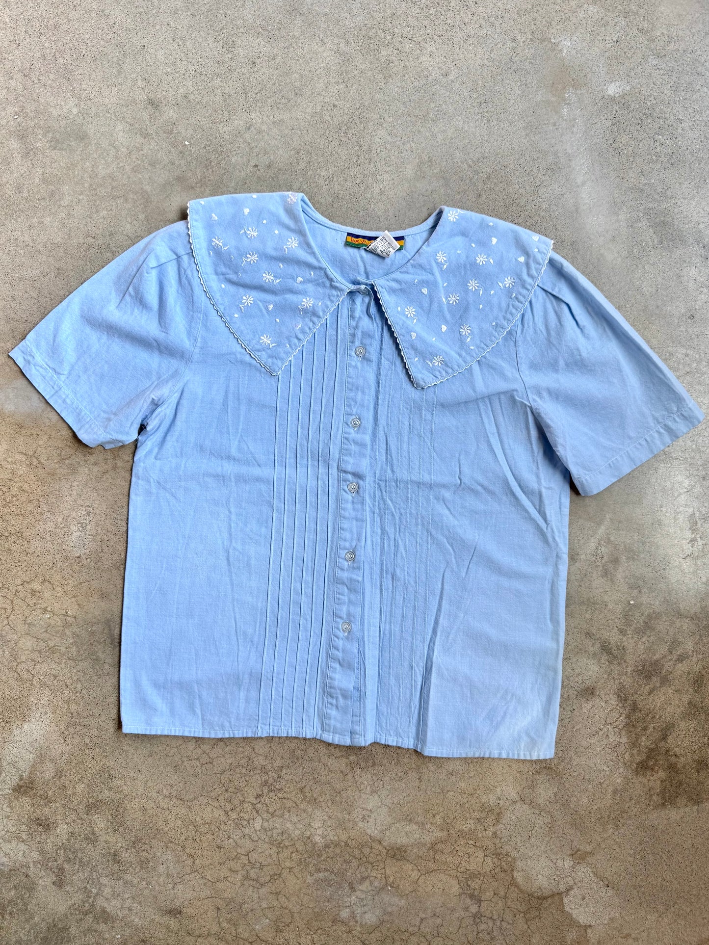 Vintage 1980s Bryn Connelly Blue Floral Embroidered Babydoll Blouse | Small