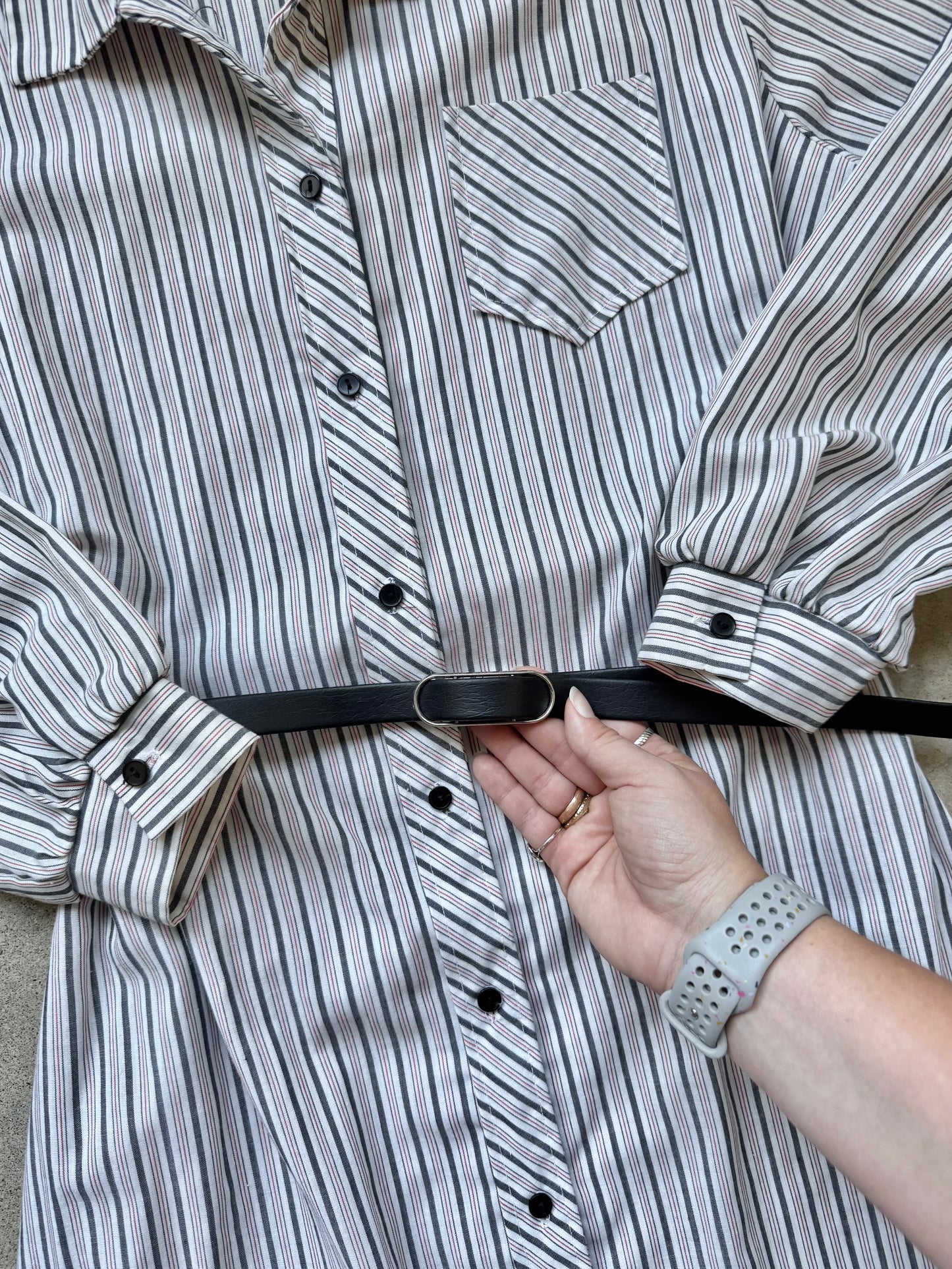 Vintage 1980s Carolina Maid Striped Shirt Dress w/ Belt | Large