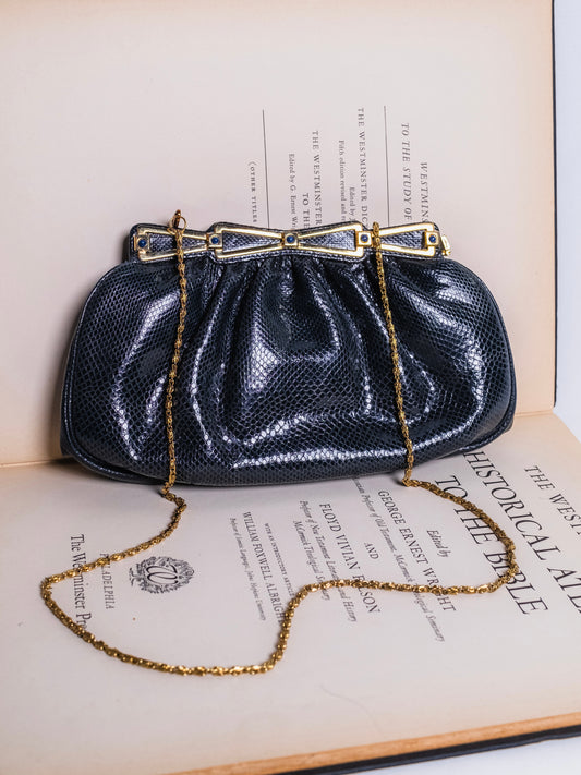 Vintage 1980s Ashneil Navy & Gold Accent Clutch Evening Bag