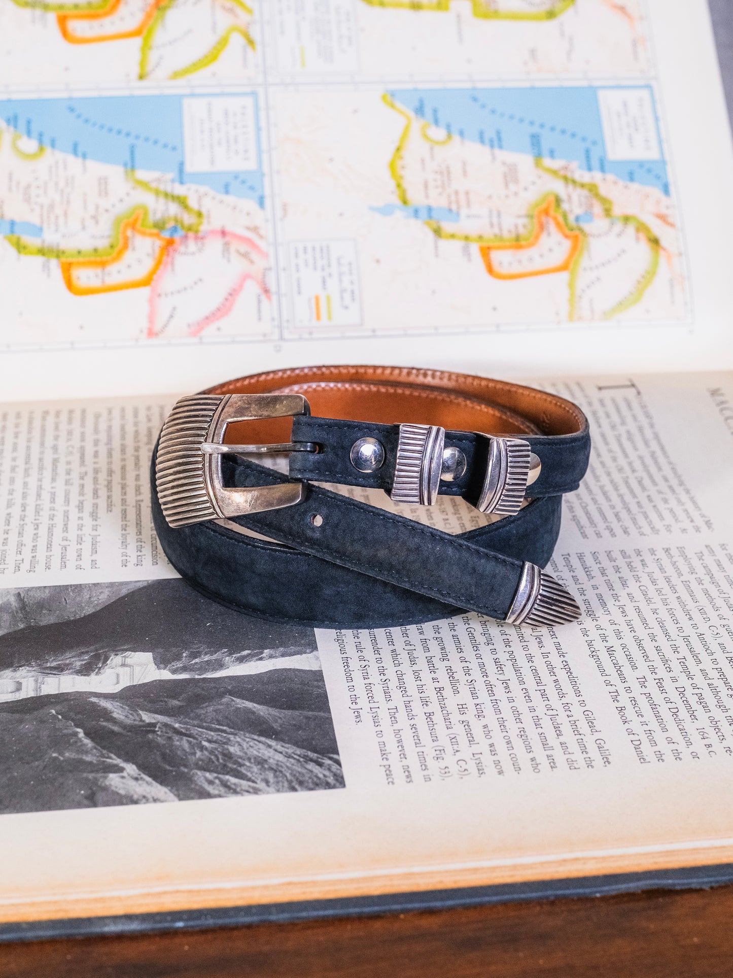 Vintage 1990s Lucchese Black Calf Leather J.C Delgarito Navajo Sterling Buckle Belt | 28/70