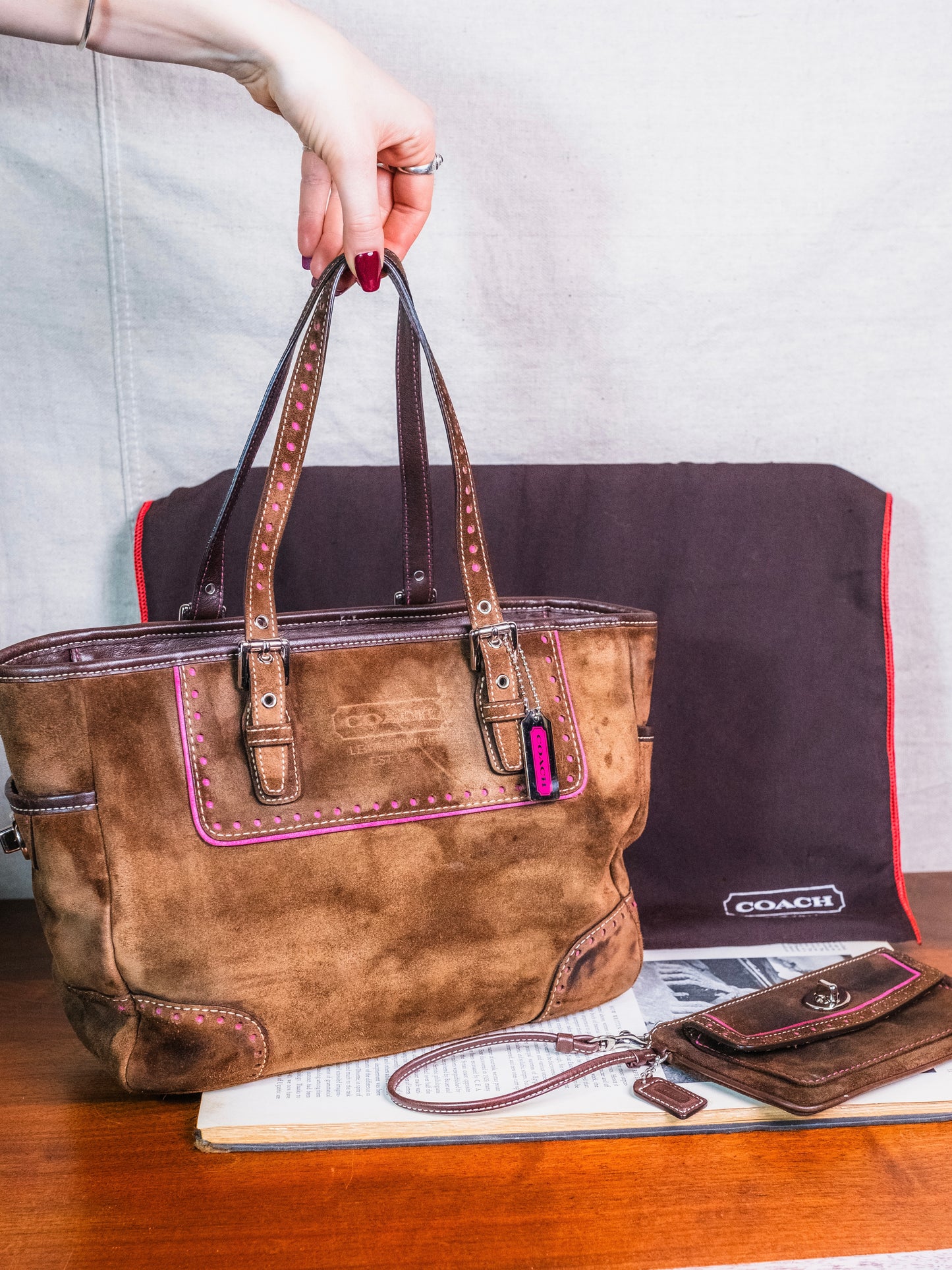 2000s Coach Brown & Pink Suede Leather Tote & Wristlet Set