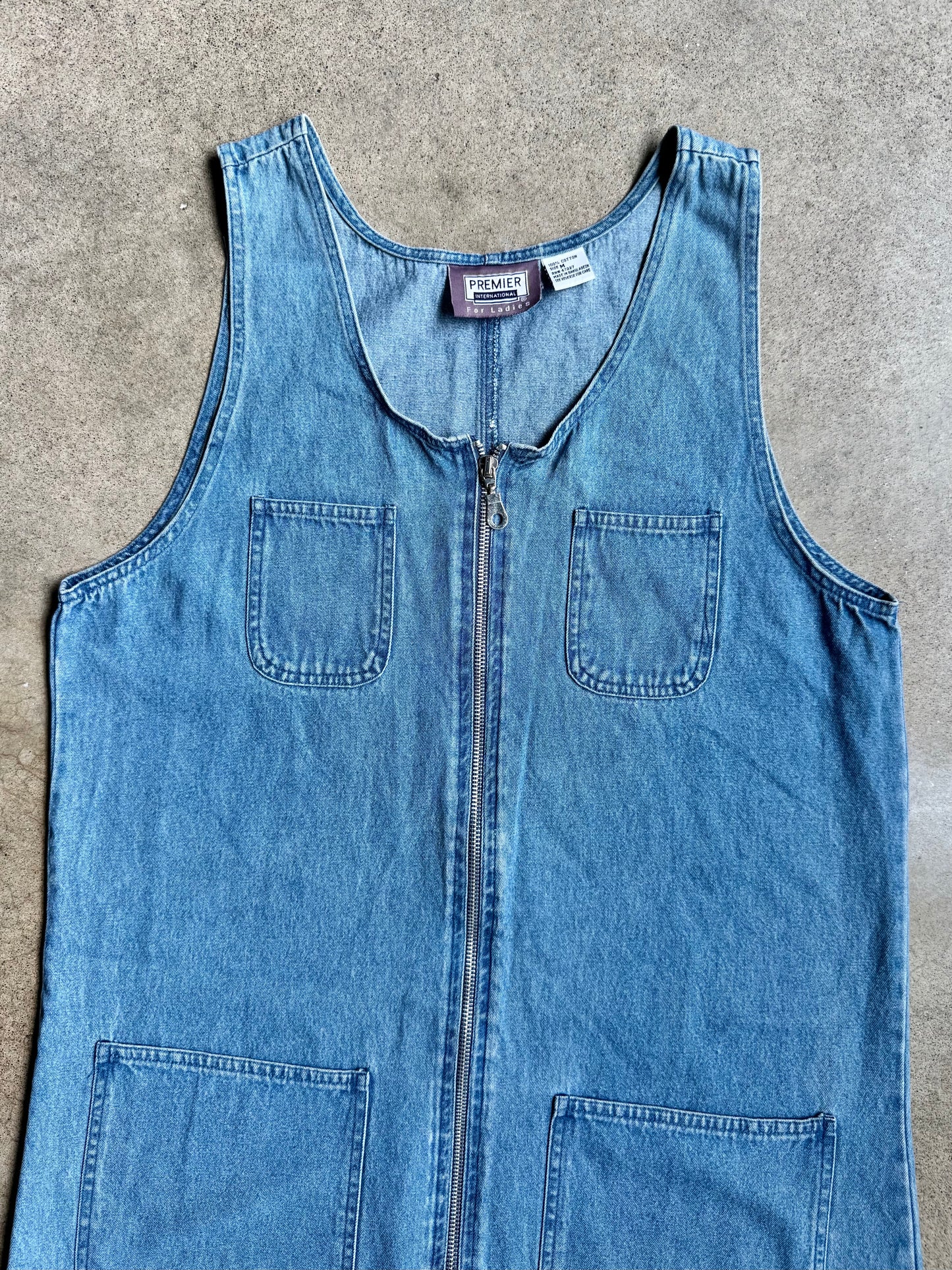 Vintage 1990s Premier International Zip-Up Sleeveless Denim Dress | Medium