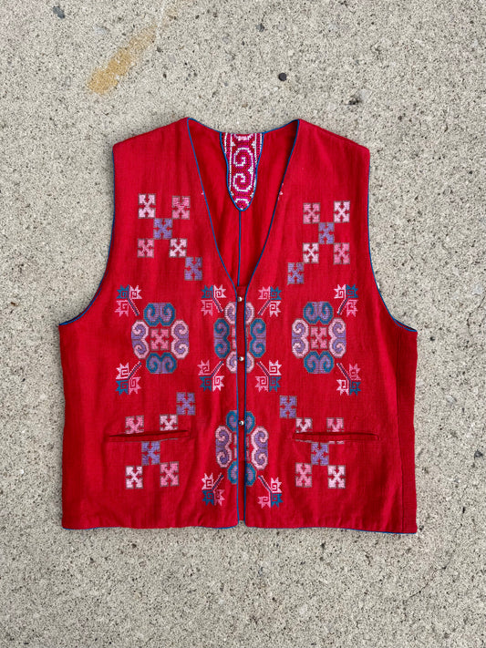 Vintage 1980s Red Cotton Southwestern Embroidered Vest | Large