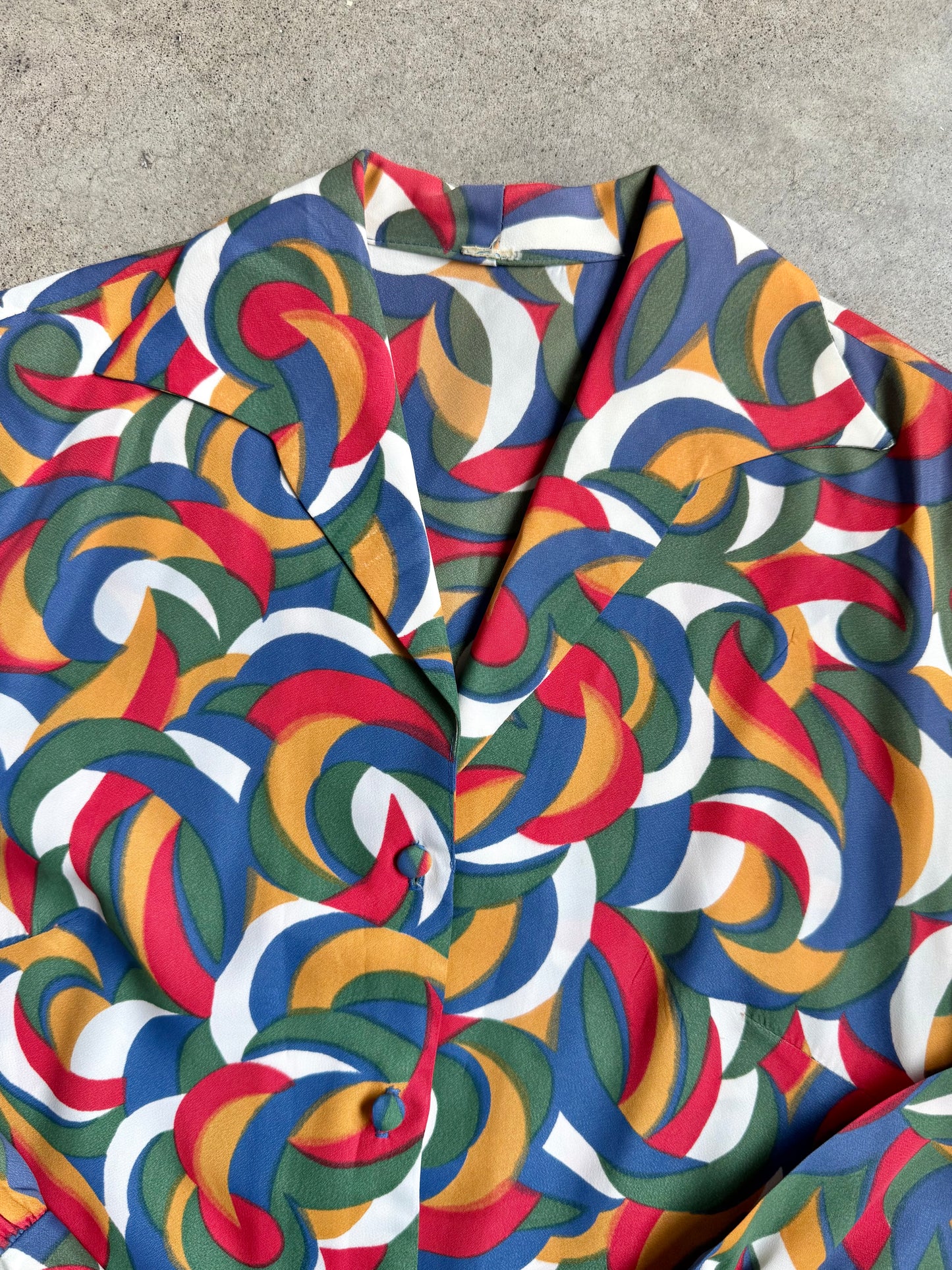 Vintage 1970s Multi-Color Abstract Swirl Printed Blouse | M/L