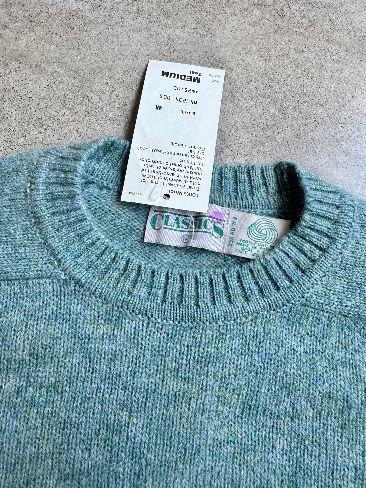 Vintage 1980s Sears Classics Teal Marled Wool Knit Crewneck Sweater | Medium