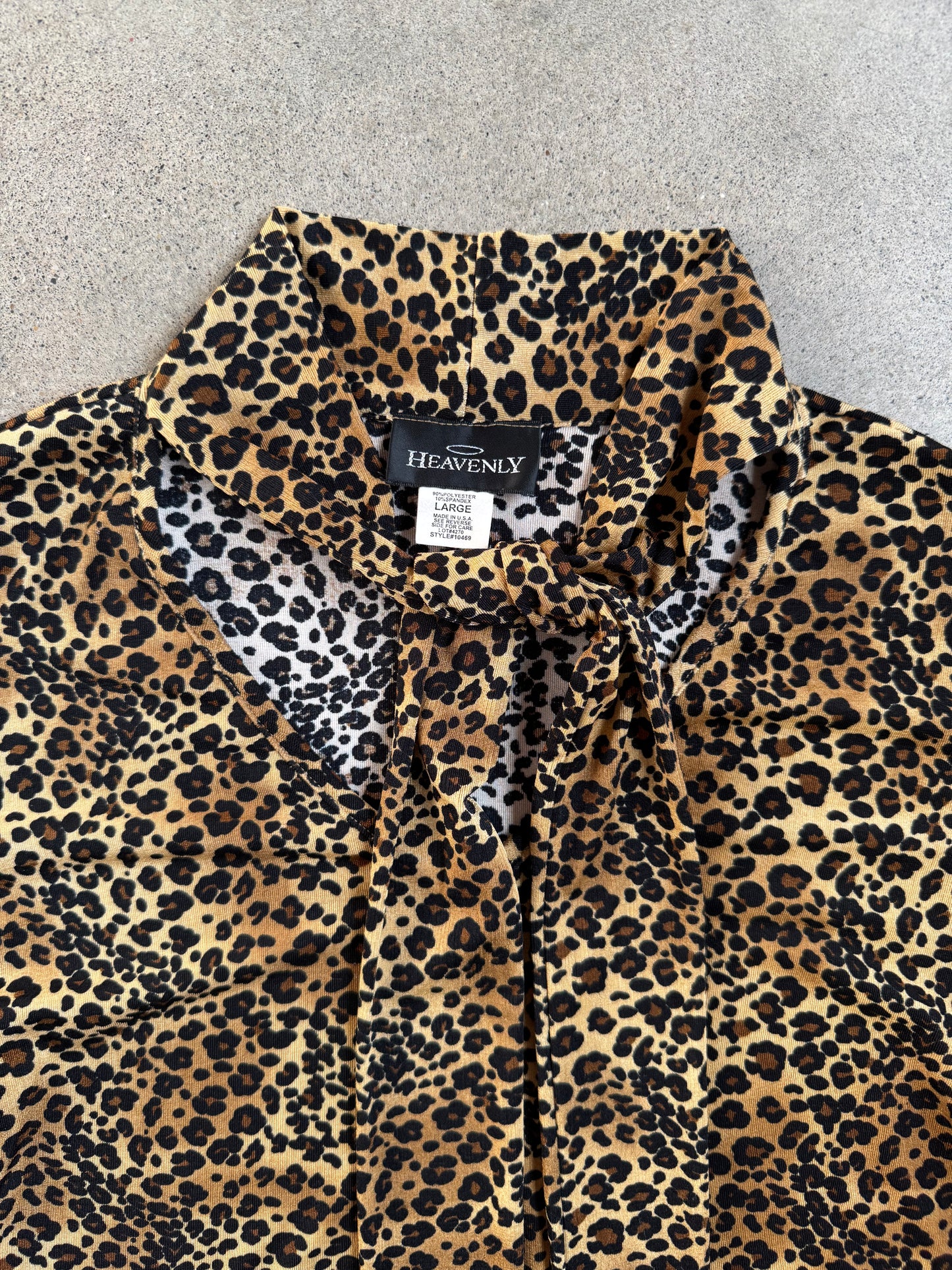 Vintage 1990s Heavenly Leopard Print Tie-Neck Blouse | Large