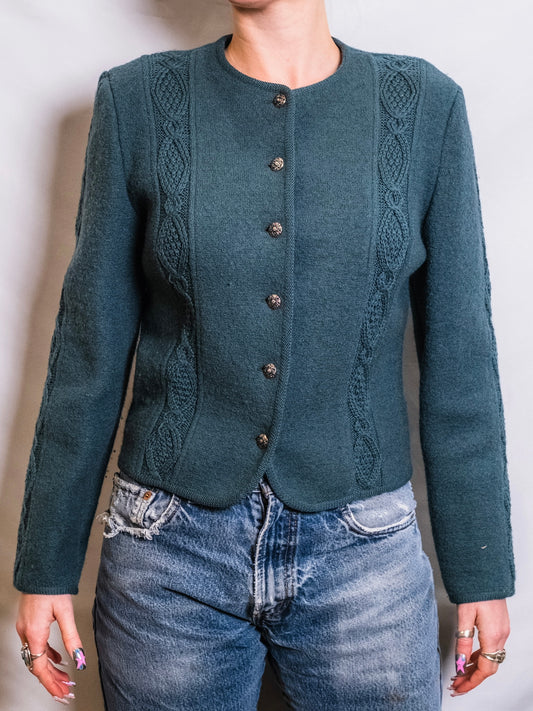Vintage 1970s Woodstock by Bernard Teal Wool Cardigan | Small