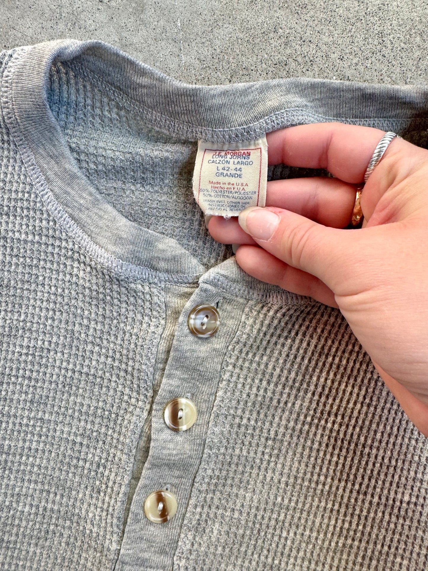 Vintage 1980s JE Morgan Grey Henley Waffle Thermal | Large
