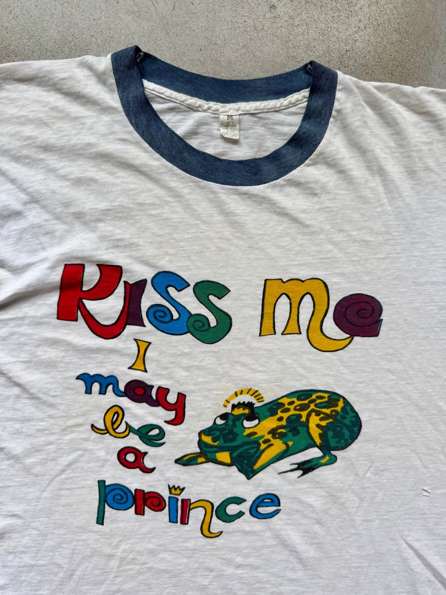 Vintage 1970s Distressed “Kiss Me I May Be A Prince” Graphic Ringer Tee | Medium