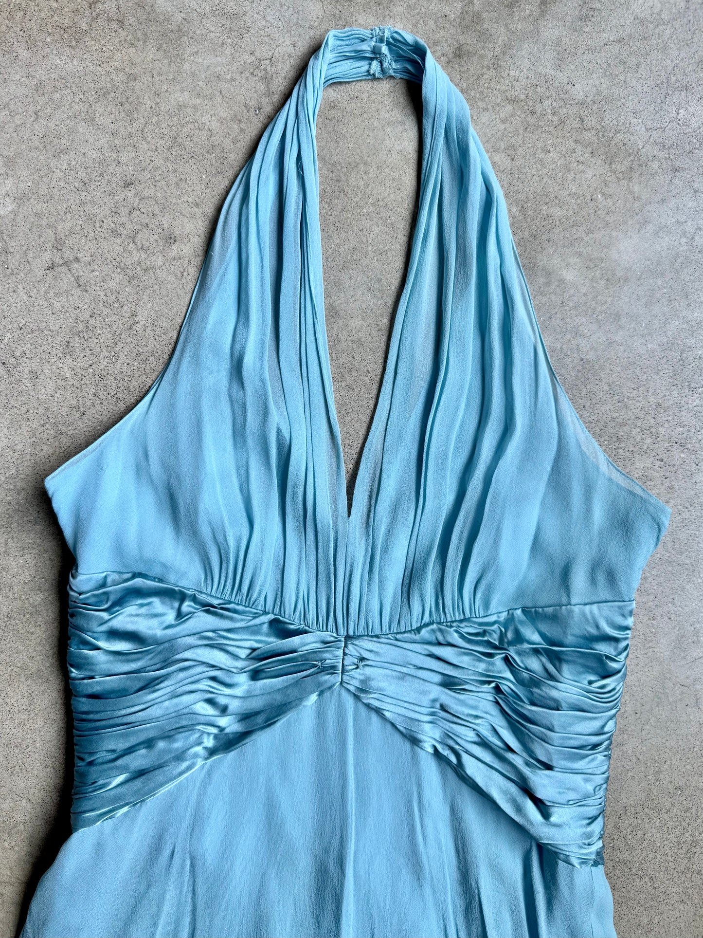 Vintage 1990s Maggy London Baby Blue Silk Halter Dress | Large