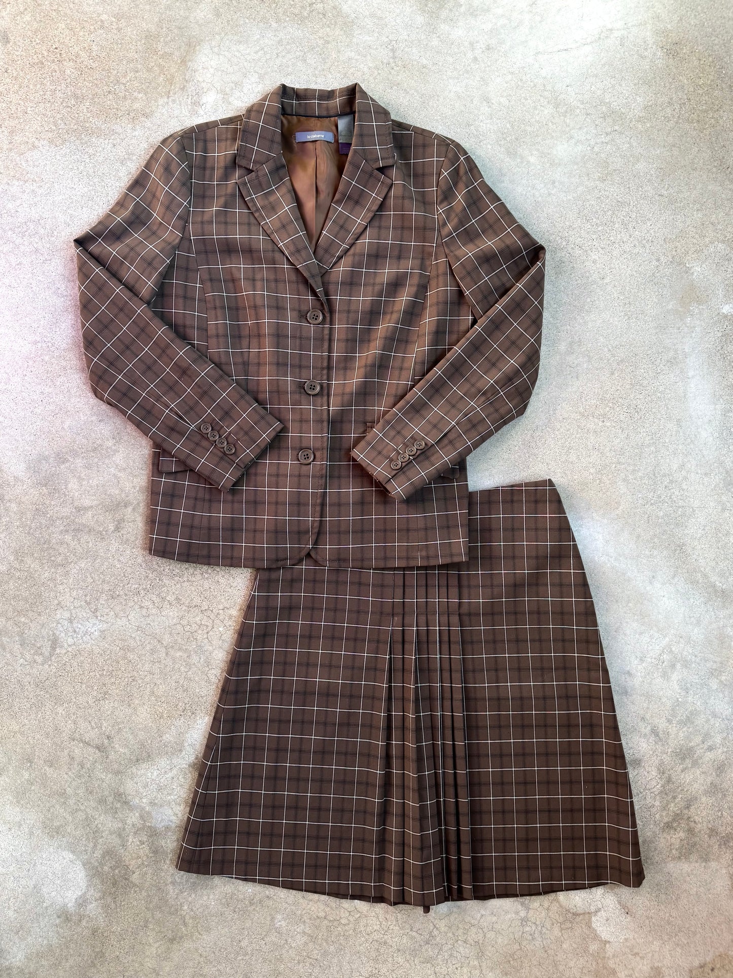Vintage 1990s Liz Claiborne Brown Plaid Two-Piece Skirt Suit | Medium