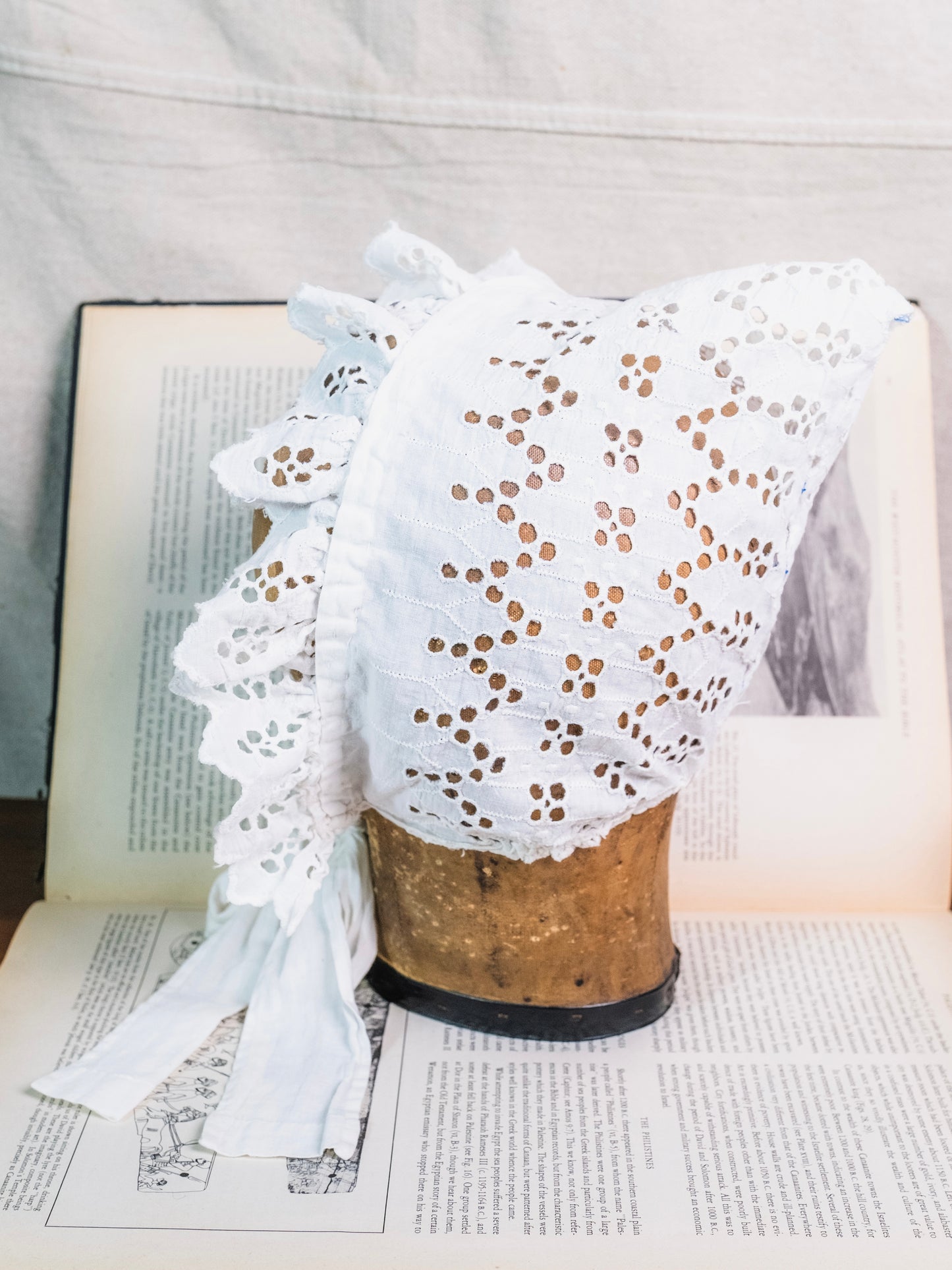 Victorian Handmade White Cotton Eyelet Bonnet