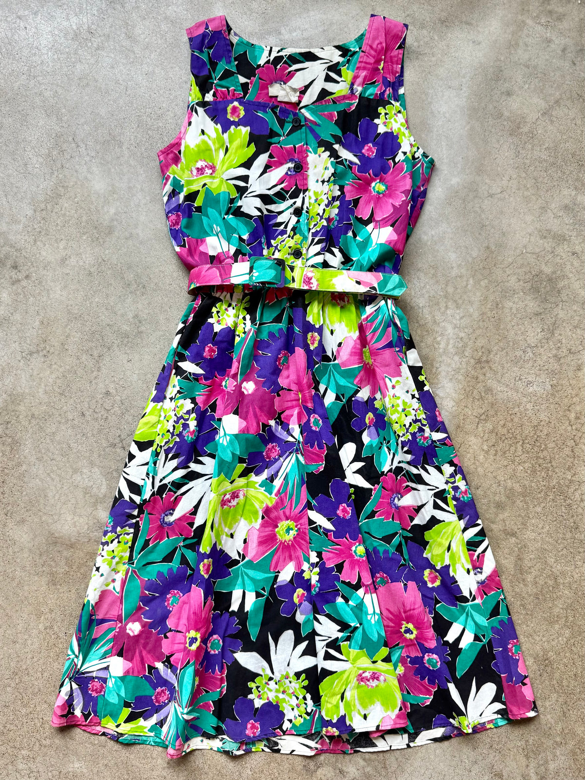 Vintage 1980s Kitty Koyle Bright Floral Belted Sleeveless Cotton Dress | Medium