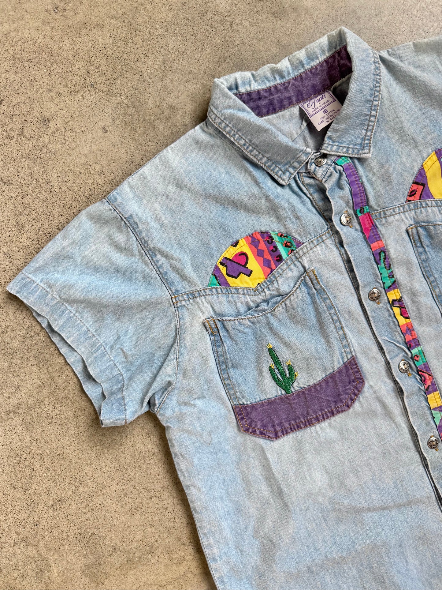 Vintage 1980s/90s Southwestern Cactus Embroidered Denim Shirt | Medium