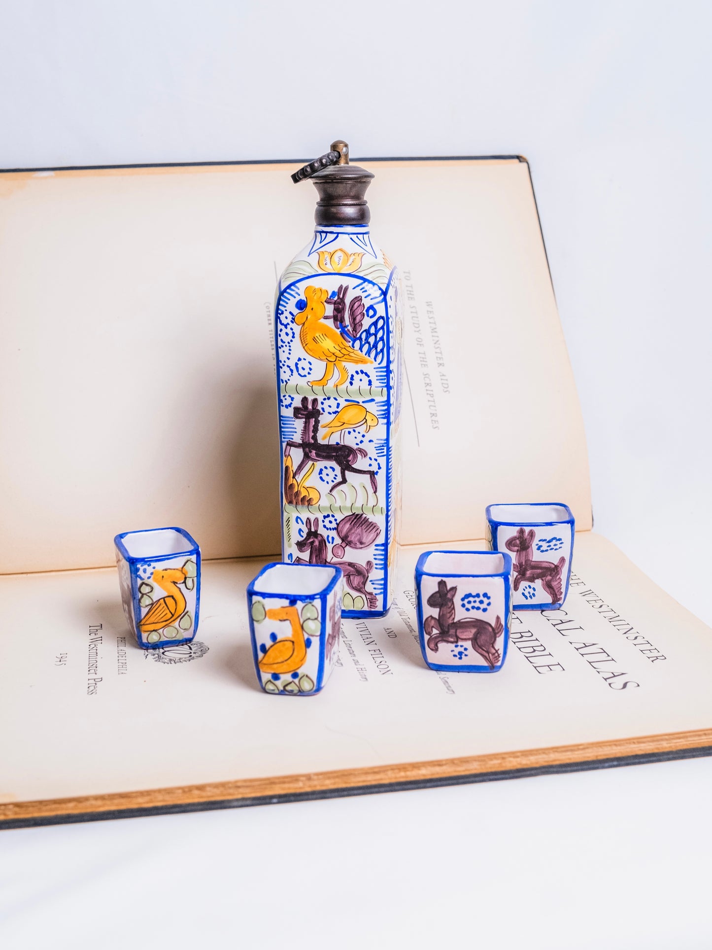 Vintage 1950s Italian Hand-Painted Ceramic Decanter + Shot Glass Set