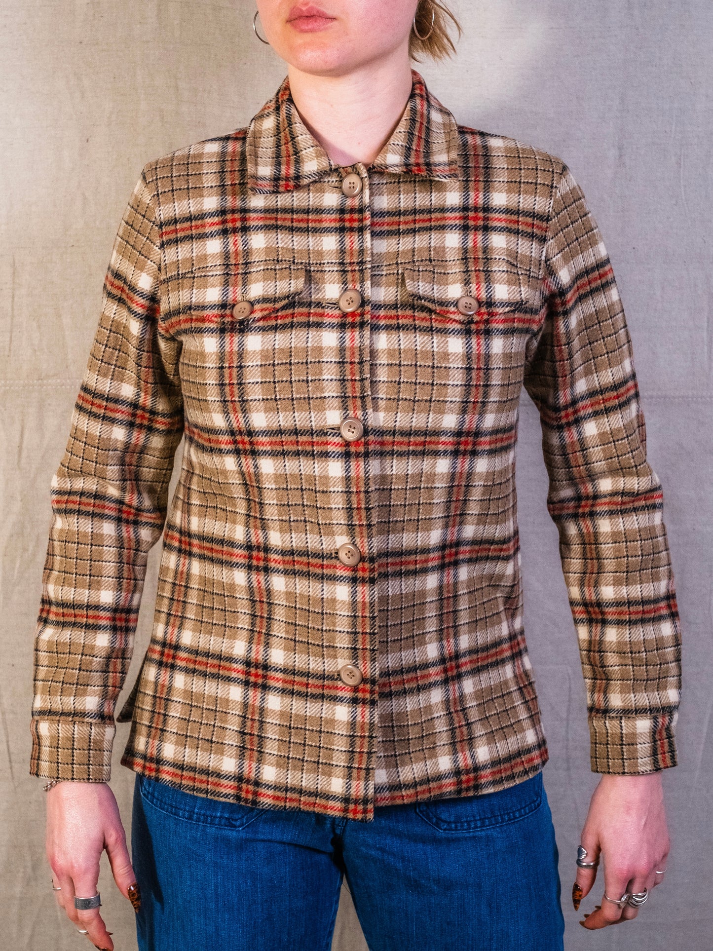 Vintage 1990s Pendleton Tan & Red Plaid Wool Shirt Jacket | Small
