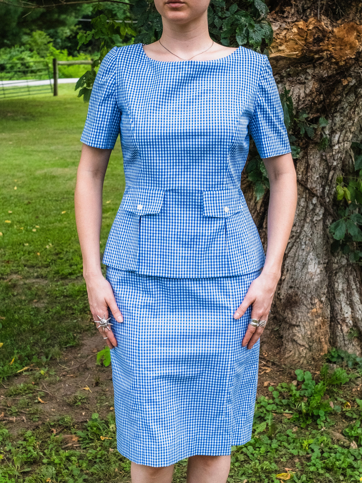 Vintage 1960s Handmade Blue Gingham Two-Piece Skirt Set | XS/S