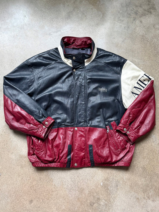 Vintage 1990s Perry Ellis America Colorblock Leather Bomber Jacket | 3XL