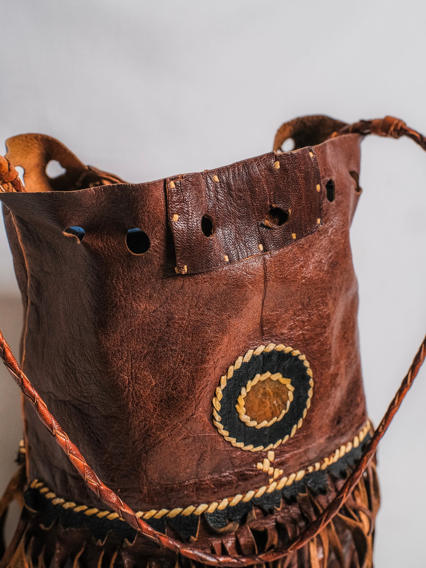 Handmade Native American Leather Tooled Fringe Bag