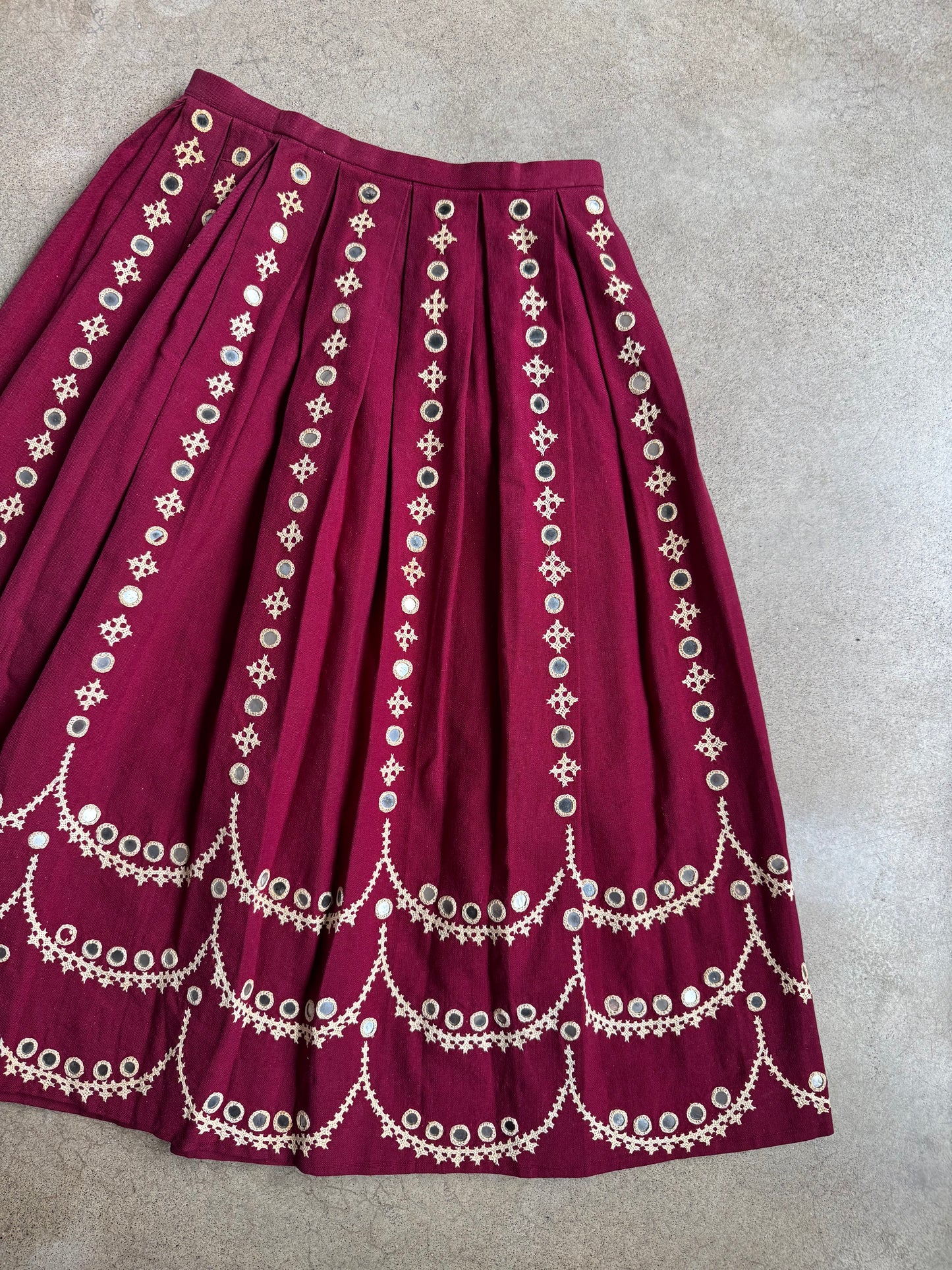 Vintage Burgundy Mirror Sequin Embroidered Pleated Skirt | Waist 26”