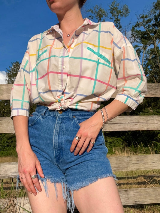 Vintage 1980s Averroe Pastel Plaid Button-Up Blouse | Small