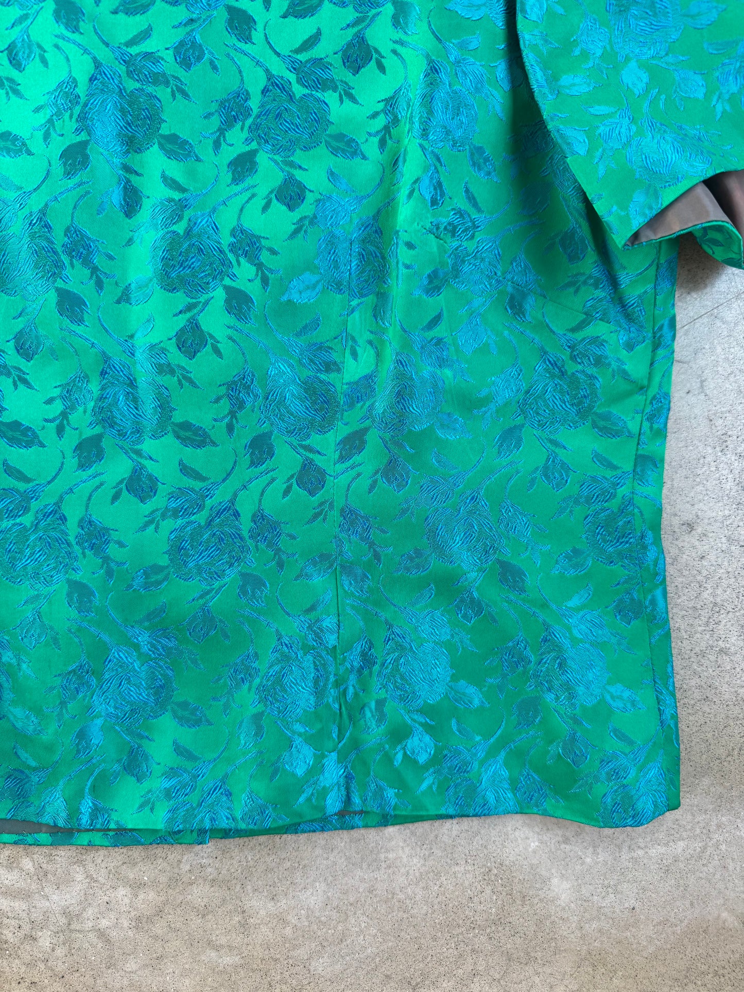 Vintage 1950s Handmade Green & Blue Floral Satin Brocade Button-Back Blouse | Large