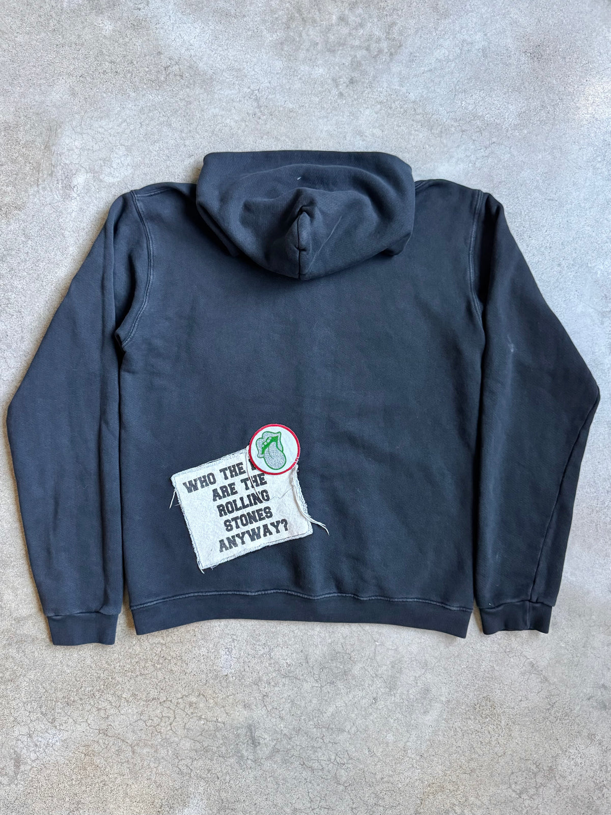 Made Worn Rolling Stones Patched Black Cotton Zip-Up Hoodie | Medium