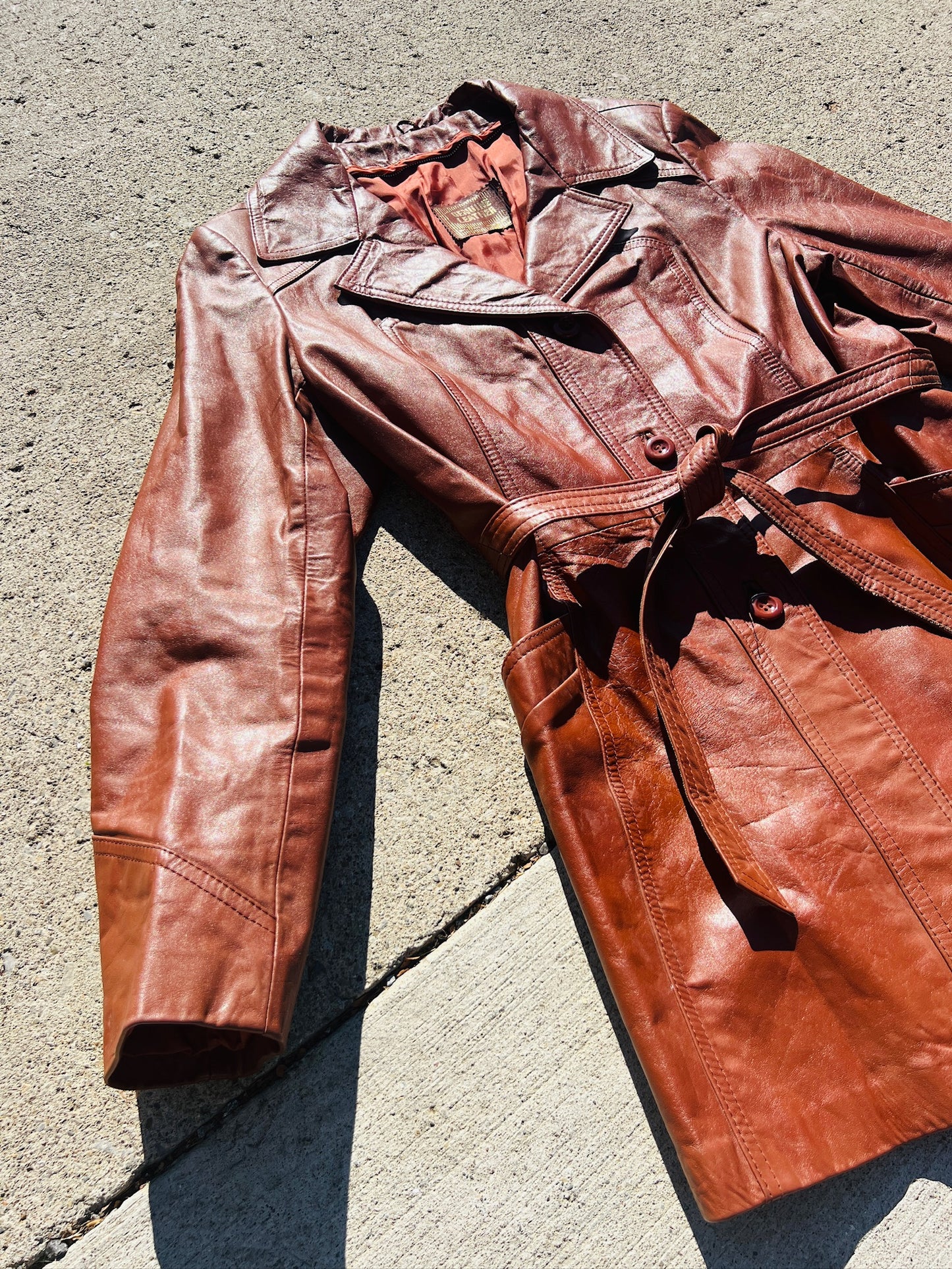 Vintage 1970s Cognac Brown Tie Waist Leather Jacket | M/L