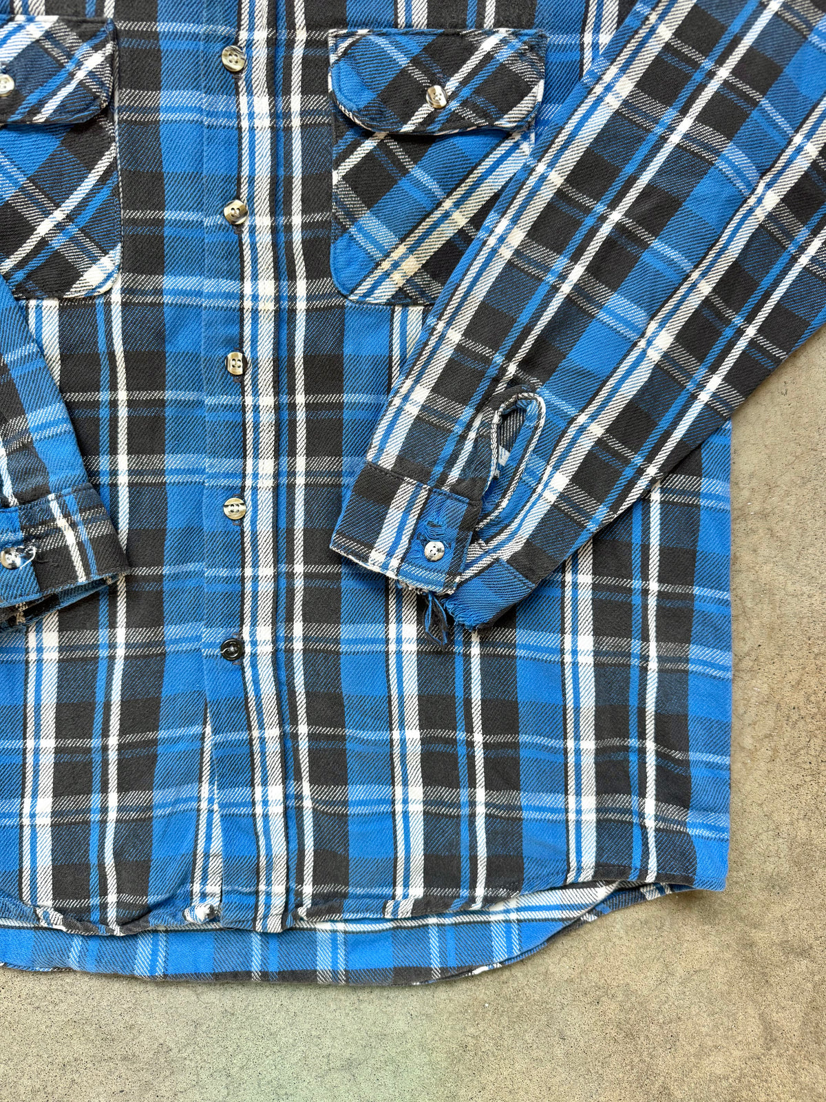 Vintage 1990s Five Brother Distressed Blue Plaid Cotton Flannel Shirt | Large