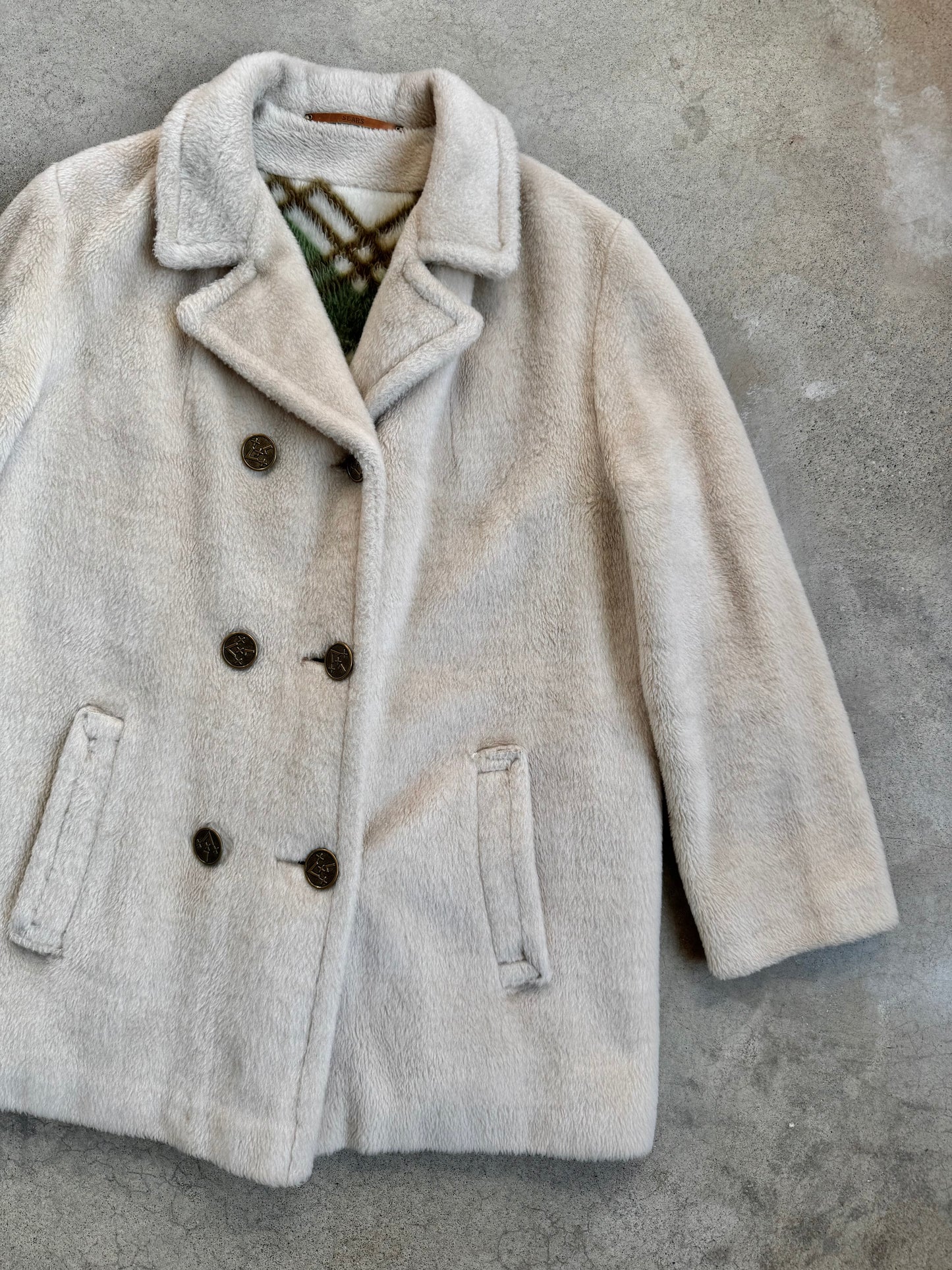 Vintage 1960s Sears Beige Faux Fur Plaid Lined Peacoat | Medium