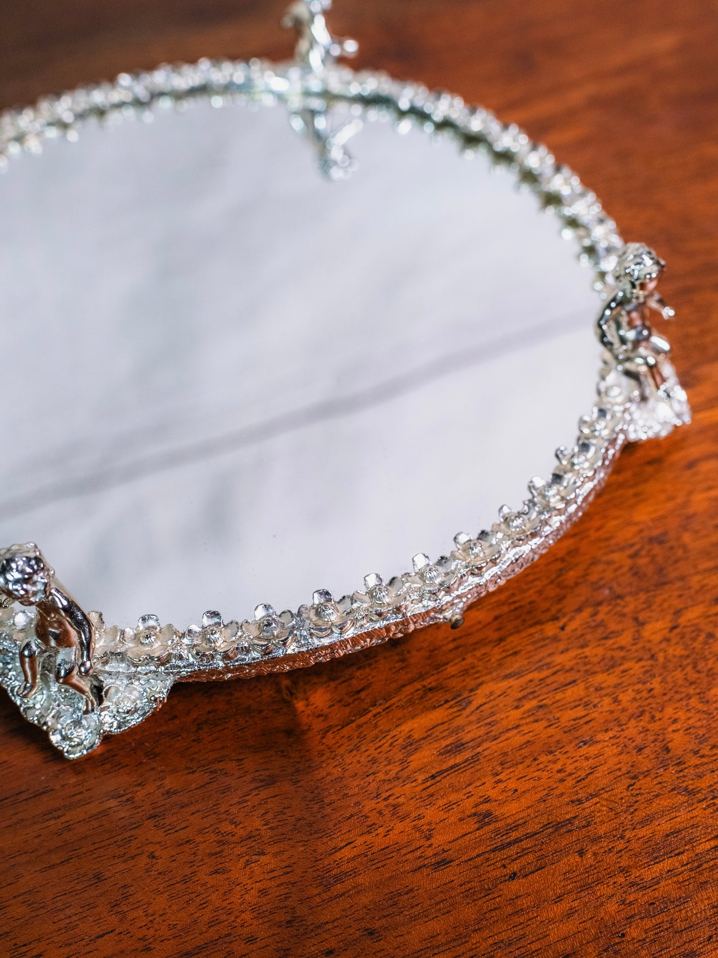 Vintage 1950s Silver Cherub Mirrored Vanity Tray