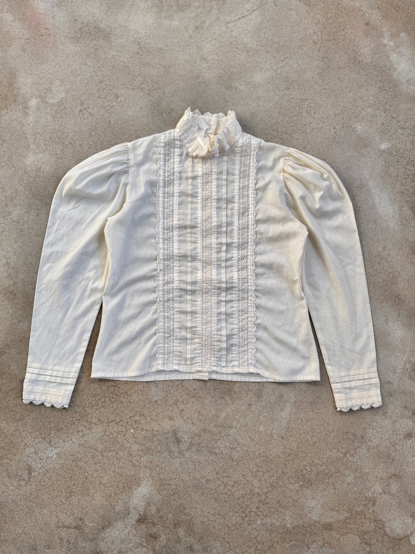 Vintage 1980s Jessica McClintock Gunne Sax Eyelet Lace High Neck Blouse | Medium