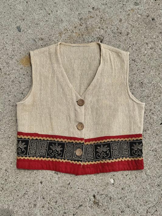 Vintage 1990s Woven Embroidered Trim Wood Button Vest | S/M