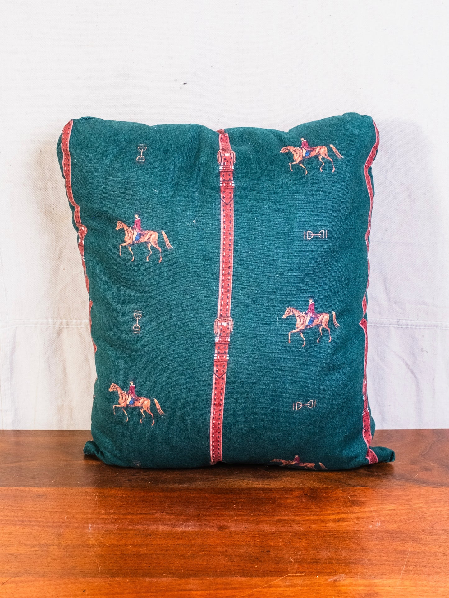 Vintage Handmade Green Equestrian Pattern Throw Pillow
