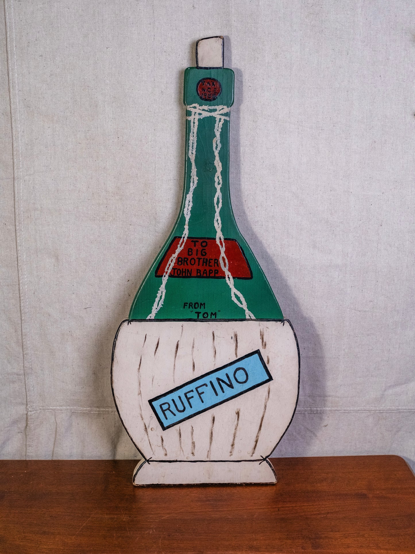 Vintage 1960s Hand-Painted Ruffino Bottle Wooden Cutout Art