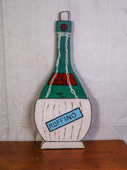 Vintage 1960s Hand-Painted Ruffino Bottle Wooden Cutout Art