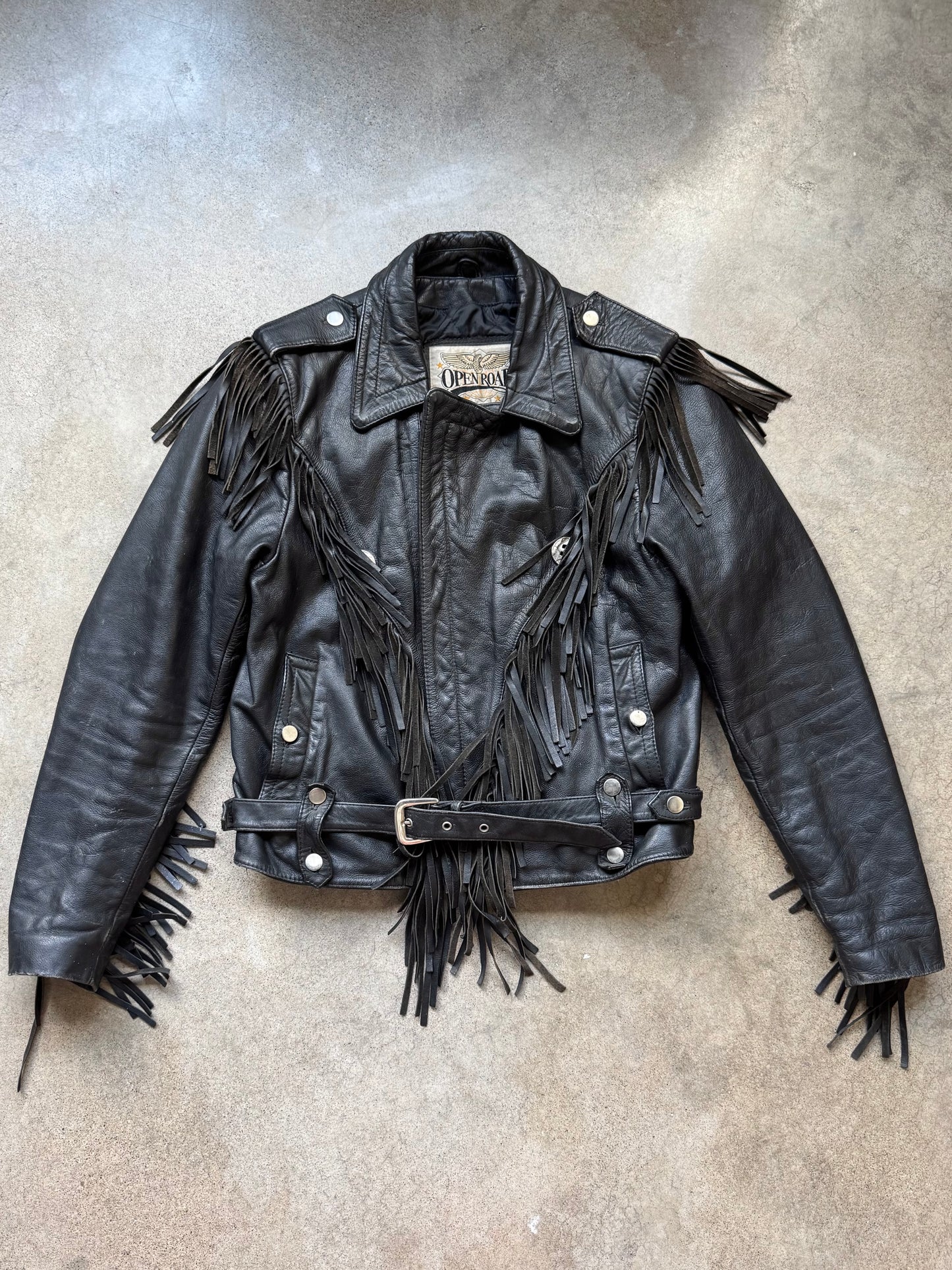 Vintage 1980s Open Road Black Leather Western Fringe Biker Jacket | 40