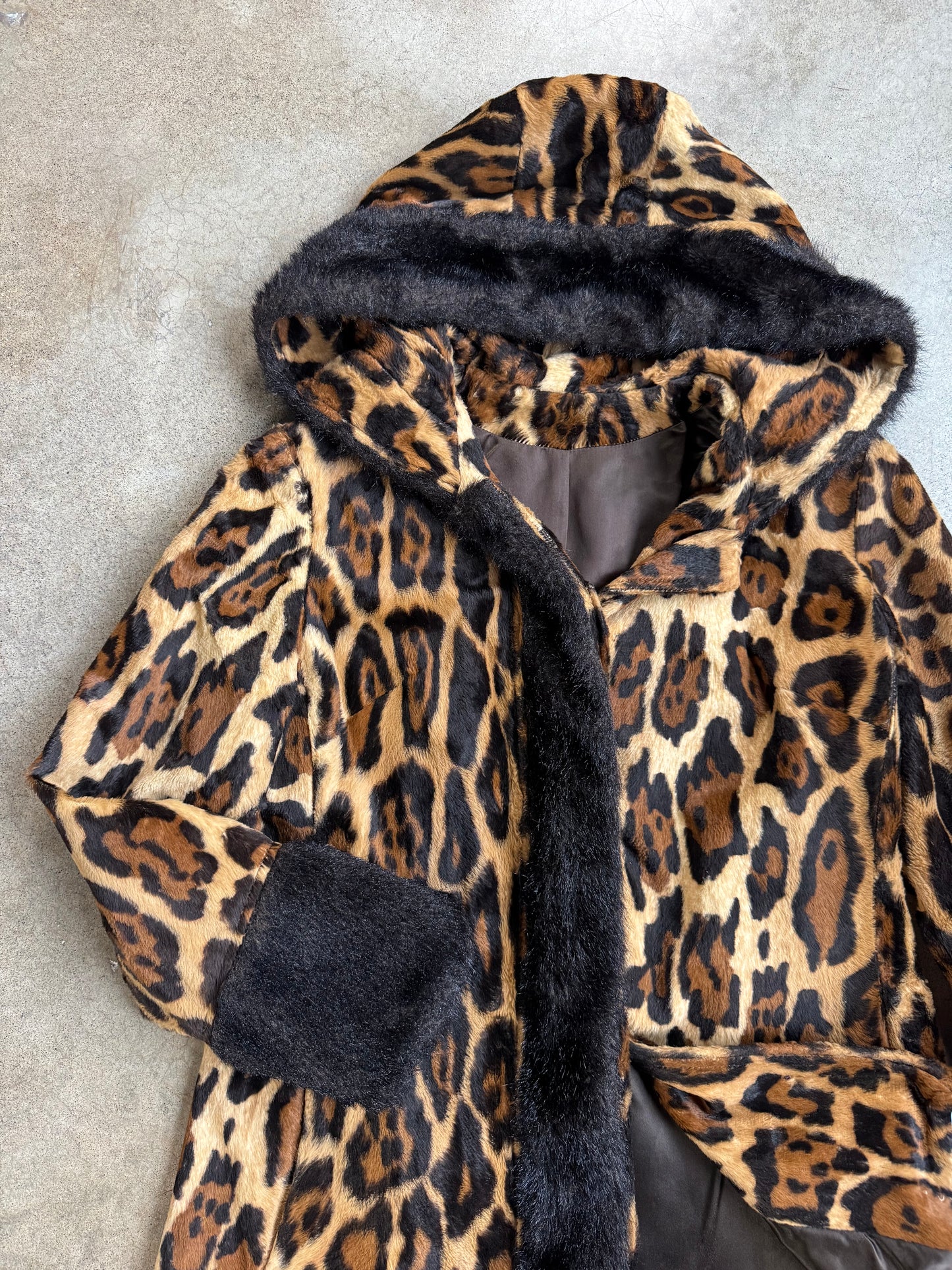 Vintage 1960s Mary Lane Faux Fur Cheetah Print Black Trim Hooded Jacket | Small