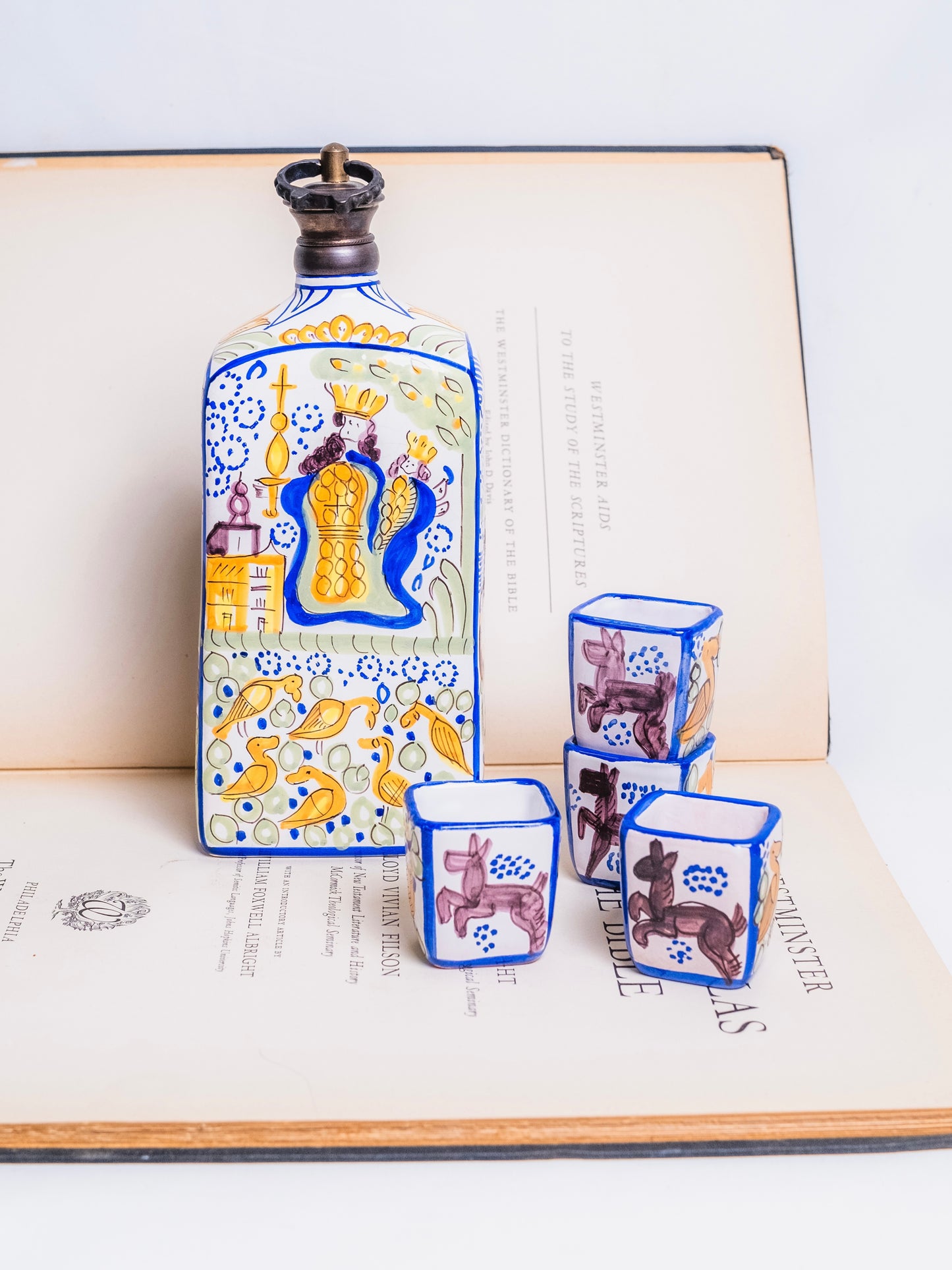 Vintage 1950s Italian Hand-Painted Ceramic Decanter + Shot Glass Set