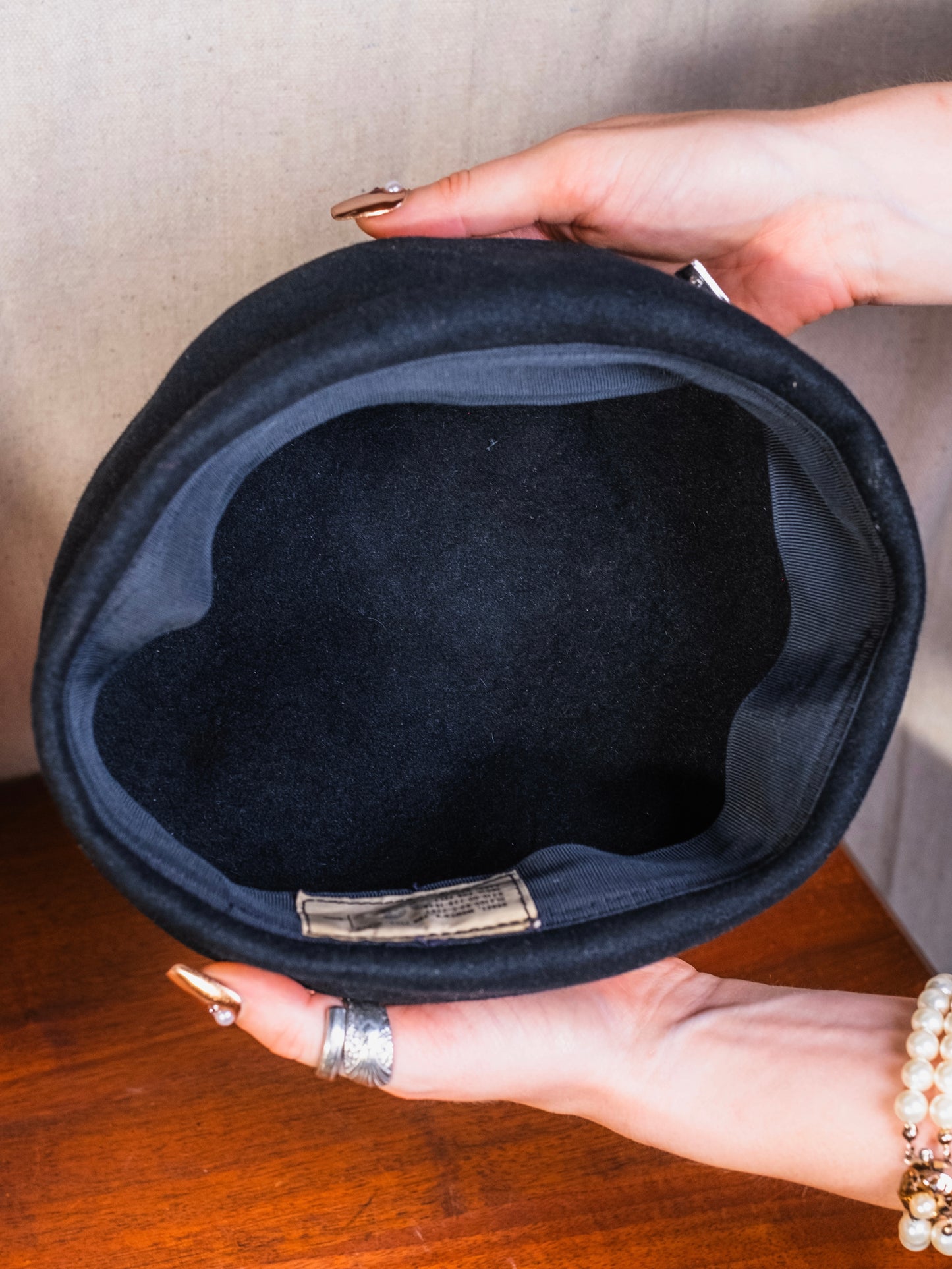 Vintage 1970s Navy Issue Black Fur Felt Beret w/ Bow Brooch