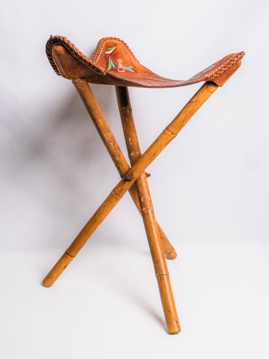 Vintage 1970s Mexican Tooled Leather Folding Camp Stool