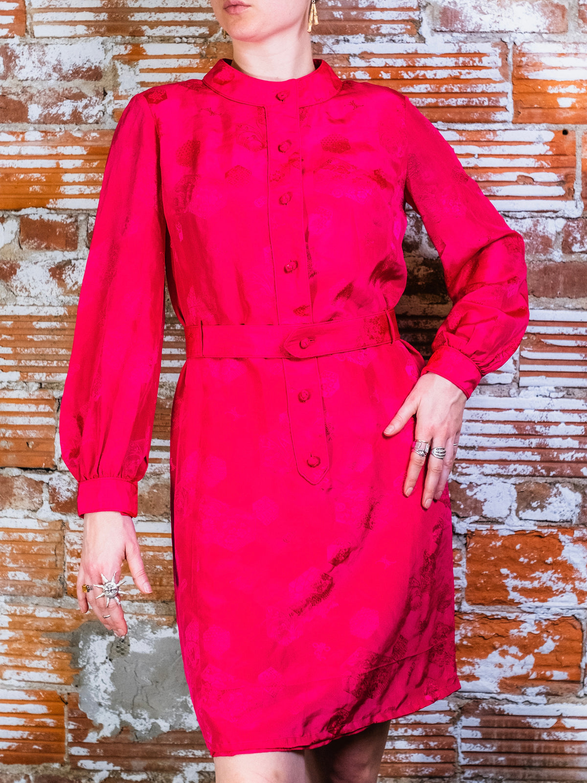Vintage 1950’s/60’s Royal Lynne Fuchsia Asian-Style Silk Jacquard Dress | S/M