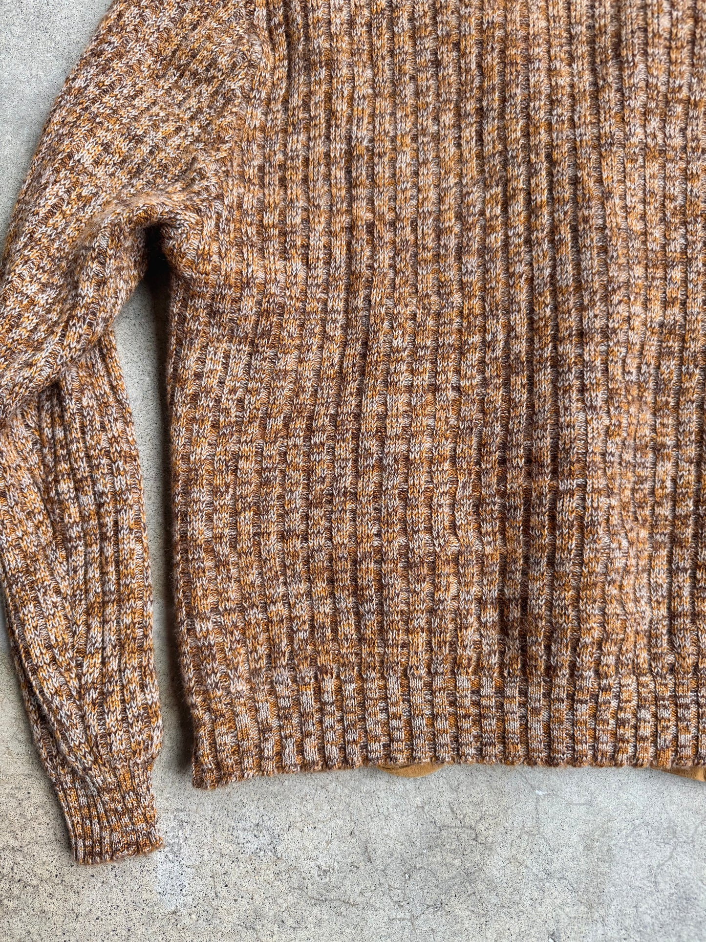 Vintage 1960s Brown Marled Wool & Suede Leather Cardigan | Medium