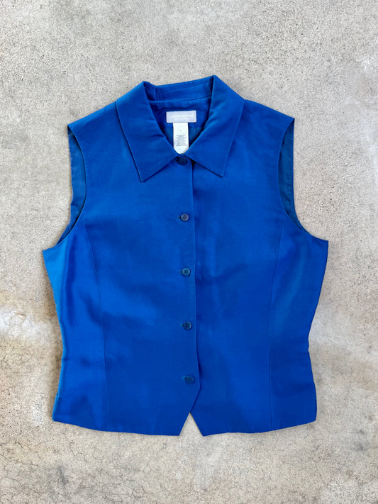 Vintage 1990s Liz Claiborne Blue Silk Sleeveless Blouse | S/M