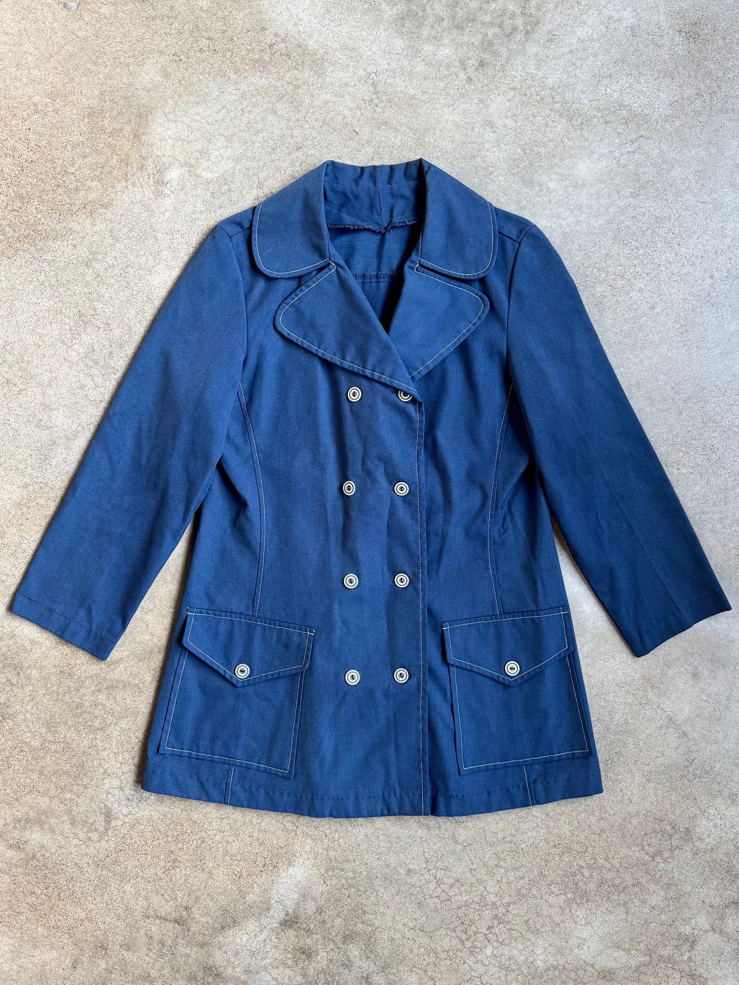 Vintage 1960s Navy Blue Double-Breasted Short Trench Coat | Medium
