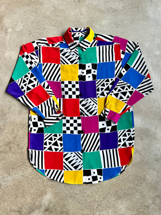 Vintage 1980s Multi-Color Geometric Patchwork Printed Button-Up Shirt | Large