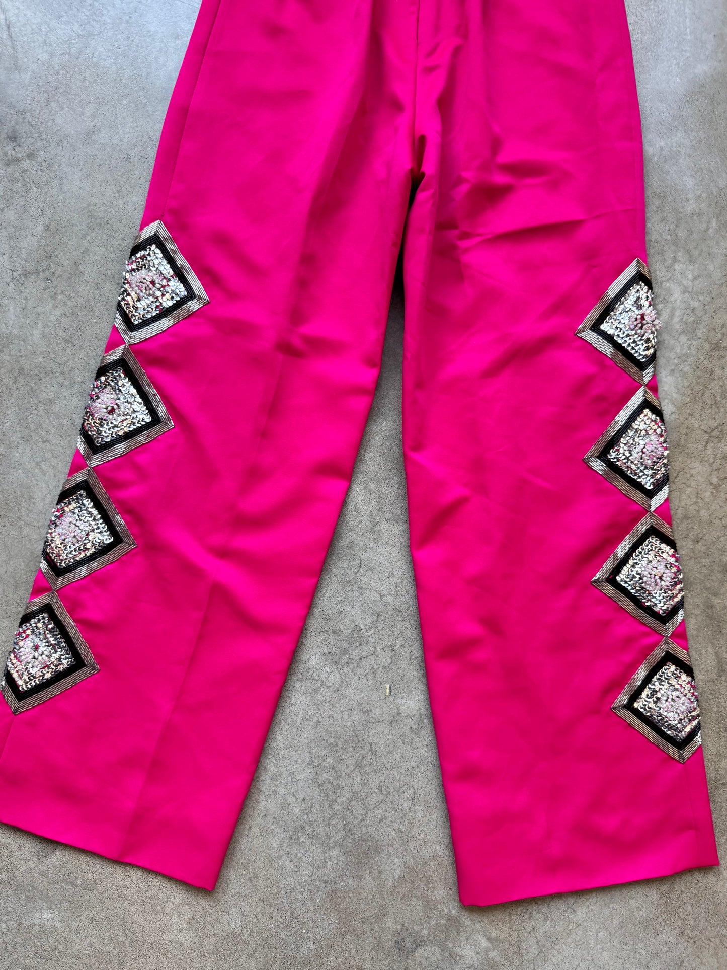 Vintage 1970s Fuchsia Pink Sequin Beaded Wide-Leg Disco Pants | Small
