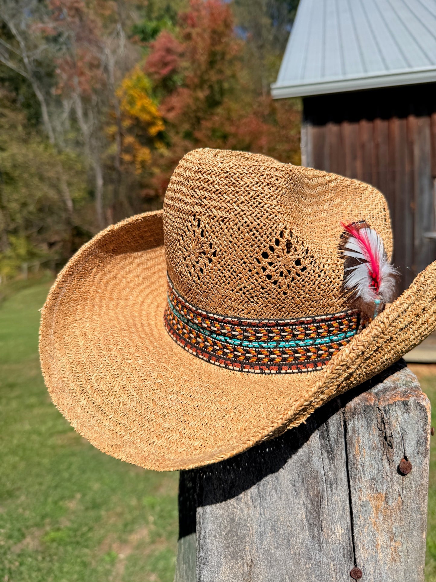 Vintage 1970s Straw Woven Feather Cowboy Hat